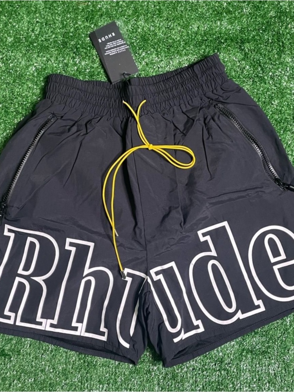 Rhude Black Athletic Shorts with Yellow Drawcord
